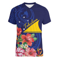 Personalised Tokelau Tropical Hibiscus Women V-Neck T-Shirt With Polynesian Plumeria Tattoo LT9 Female Blue - Polynesian Pride