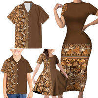 Hawaiian Tribal Elements Hibiscus Family Matching Short Sleeve Bodycon Dress and Hawaiian Shirt Gold Pattern LT9 - Polynesian Pride