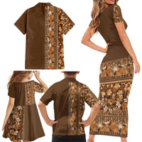 Hawaiian Tribal Elements Hibiscus Family Matching Short Sleeve Bodycon Dress and Hawaiian Shirt Gold Pattern LT9 - Polynesian Pride