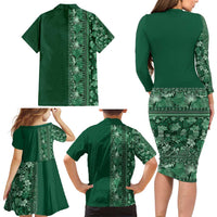 Hawaiian Tribal Elements Hibiscus Family Matching Long Sleeve Bodycon Dress and Hawaiian Shirt Green Pattern LT9 - Polynesian Pride