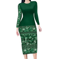 Hawaiian Tribal Elements Hibiscus Family Matching Long Sleeve Bodycon Dress and Hawaiian Shirt Green Pattern LT9 Mom's Dress Green - Polynesian Pride