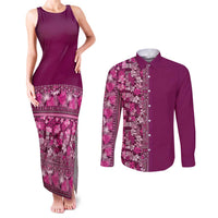 Hawaiian Tribal Elements Hibiscus Couples Matching Tank Maxi Dress and Long Sleeve Button Shirt Pink Pattern - Polynesian Pride