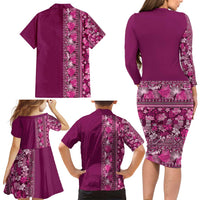Hawaiian Tribal Elements Hibiscus Family Matching Long Sleeve Bodycon Dress and Hawaiian Shirt Pink Pattern LT9 - Polynesian Pride