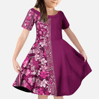 Hawaiian Tribal Elements Hibiscus Family Matching Off The Shoulder Long Sleeve Dress and Hawaiian Shirt Pink Pattern LT9 Daughter's Dress Pink - Polynesian Pride