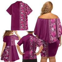 Hawaiian Tribal Elements Hibiscus Family Matching Off Shoulder Short Dress and Hawaiian Shirt Pink Pattern LT9 - Polynesian Pride