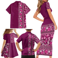 Hawaiian Tribal Elements Hibiscus Family Matching Short Sleeve Bodycon Dress and Hawaiian Shirt Pink Pattern LT9 - Polynesian Pride