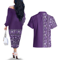Hawaiian Tribal Elements Hibiscus Couples Matching Off The Shoulder Long Sleeve Dress and Hawaiian Shirt Purple Pattern LT9 - Polynesian Pride