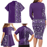 Hawaiian Tribal Elements Hibiscus Family Matching Long Sleeve Bodycon Dress and Hawaiian Shirt Purple Pattern LT9 - Polynesian Pride