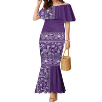 Hawaiian Tribal Elements Hibiscus Family Matching Mermaid Dress and Hawaiian Shirt Purple Pattern LT9 Mom's Dress Purple - Polynesian Pride