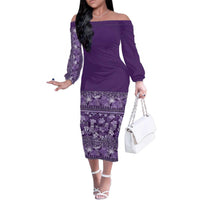 Hawaiian Tribal Elements Hibiscus Family Matching Off The Shoulder Long Sleeve Dress and Hawaiian Shirt Purple Pattern LT9 Mom's Dress Purple - Polynesian Pride