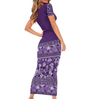 Hawaiian Tribal Elements Hibiscus Family Matching Short Sleeve Bodycon Dress and Hawaiian Shirt Purple Pattern LT9 - Polynesian Pride