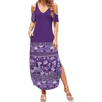 Hawaiian Tribal Elements Hibiscus Family Matching Summer Maxi Dress and Hawaiian Shirt Purple Pattern LT9 Mom's Dress Purple - Polynesian Pride
