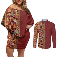 Hawaiian Tribal Elements Hibiscus Couples Matching Off Shoulder Short Dress and Long Sleeve Button Shirt Red Pattern - Polynesian Pride