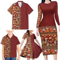 Hawaiian Tribal Elements Hibiscus Family Matching Long Sleeve Bodycon Dress and Hawaiian Shirt Red Pattern LT9 - Polynesian Pride