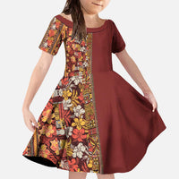Hawaiian Tribal Elements Hibiscus Family Matching Off The Shoulder Long Sleeve Dress and Hawaiian Shirt Red Pattern LT9 Daughter's Dress Red - Polynesian Pride