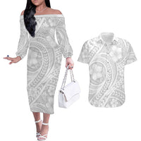 Lotu Tamaiti Samoan Polynesian Tribal Couples Matching Off The Shoulder Long Sleeve Dress and Hawaiian Shirt LT9 White - Polynesian Pride