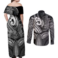Polynesia Couples Matching Off Shoulder Maxi Dress and Long Sleeve Button Shirts Whale Tale and Polynesian Sunset Plumeria Black LT9 - Polynesian Pride