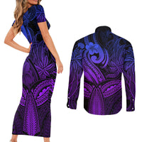 Polynesia Couples Matching Short Sleeve Bodycon Dress and Long Sleeve Button Shirts Whale Tale and Polynesian Sunset Plumeria Purple LT9 - Polynesian Pride