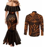 FSM Kosrae States Couples Matching Mermaid Dress and Long Sleeve Button Shirts Micronesia Vintage Polynesian Tribal Gold Version LT9 - Polynesian Pride
