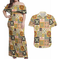 Mele Kalikimaka Hawaii Christmas Couples Matching Off Shoulder Maxi Dress and Hawaiian Shirt Melemele Mama Seamless Floral Motif LT9 Beige - Polynesian Pride