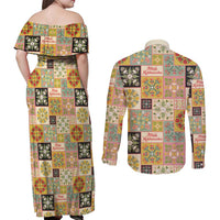 Mele Kalikimaka Hawaii Christmas Couples Matching Off Shoulder Maxi Dress and Long Sleeve Button Shirt Melemele Mama Seamless Floral Motif LT9 - Polynesian Pride