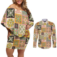 Mele Kalikimaka Hawaii Christmas Couples Matching Off Shoulder Short Dress and Long Sleeve Button Shirt Melemele Mama Seamless Floral Motif LT9 Beige - Polynesian Pride
