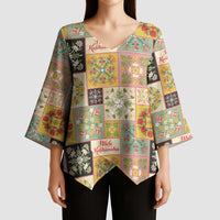 Mele Kalikimaka Hawaii Christmas Kimono Sleeve Blouse Melemele Mama Seamless Floral Motif LT9 - Polynesian Pride