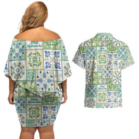 Mele Kalikimaka Hawaii Christmas Couples Matching Off Shoulder Short Dress and Hawaiian Shirt Omaomao Seamless Floral Motif LT9 - Polynesian Pride