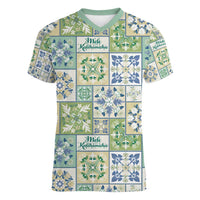 Mele Kalikimaka Hawaii Christmas Women V-Neck T-Shirt Omaomao Seamless Floral Motif LT9 Female Green - Polynesian Pride