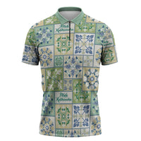 Mele Kalikimaka Hawaii Christmas Zipper Polo Shirt Omaomao Seamless Floral Motif LT9 Green - Polynesian Pride