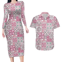 Mele Kalikimaka Hawaii Christmas Couples Matching Long Sleeve Bodycon Dress and Hawaiian Shirt Akala Seamless Floral Motif LT9 Pink - Polynesian Pride