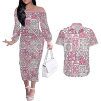 Mele Kalikimaka Hawaii Christmas Couples Matching Off The Shoulder Long Sleeve Dress and Hawaiian Shirt Akala Seamless Floral Motif LT9 Pink - Polynesian Pride