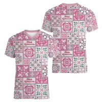 Mele Kalikimaka Hawaii Christmas Women V-Neck T-Shirt Akala Seamless Floral Motif LT9 - Polynesian Pride