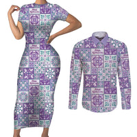 Mele Kalikimaka Hawaii Christmas Couples Matching Short Sleeve Bodycon Dress and Long Sleeve Button Shirt Poni Seamless Floral Motif LT9 Purple - Polynesian Pride
