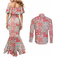 Mele Kalikimaka Hawaii Christmas Couples Matching Mermaid Dress and Long Sleeve Button Shirt Ulaula Seamless Floral Motif LT9 - Polynesian Pride