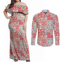 Mele Kalikimaka Hawaii Christmas Couples Matching Off Shoulder Maxi Dress and Long Sleeve Button Shirt Ulaula Seamless Floral Motif LT9 Red - Polynesian Pride