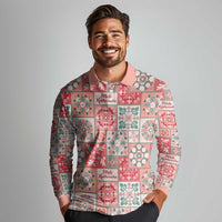 Mele Kalikimaka Hawaii Christmas Long Sleeve Polo Shirt Ulaula Seamless Floral Motif LT9 - Polynesian Pride