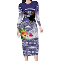 American Samoa Bald Eagle Family Matching Long Sleeve Bodycon Dress and Hawaiian Shirt Polynesian Tropical Flowers LT9 Mom's Dress Blue - Polynesian Pride