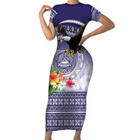 American Samoa Bald Eagle Family Matching Short Sleeve Bodycon Dress and Hawaiian Shirt Polynesian Tropical Flowers LT9 Mom's Dress Blue - Polynesian Pride