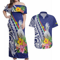 New Caledonia Kagu Bird Couples Matching Off Shoulder Maxi Dress and Hawaiian Shirt Polynesian Tropical Flowers LT9 Blue - Polynesian Pride