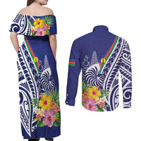 New Caledonia Kagu Bird Couples Matching Off Shoulder Maxi Dress and Long Sleeve Button Shirt Polynesian Tropical Flowers LT9 - Polynesian Pride