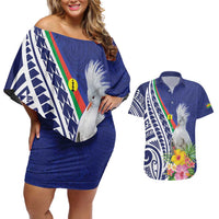 New Caledonia Kagu Bird Couples Matching Off Shoulder Short Dress and Hawaiian Shirt Polynesian Tropical Flowers LT9 Blue - Polynesian Pride