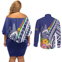 New Caledonia Kagu Bird Couples Matching Off Shoulder Short Dress and Long Sleeve Button Shirt Polynesian Tropical Flowers LT9 - Polynesian Pride