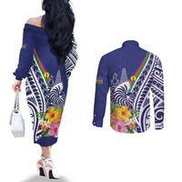 New Caledonia Kagu Bird Couples Matching Off The Shoulder Long Sleeve Dress and Long Sleeve Button Shirt Polynesian Tropical Flowers LT9 - Polynesian Pride