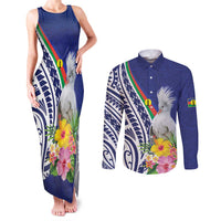 New Caledonia Kagu Bird Couples Matching Tank Maxi Dress and Long Sleeve Button Shirt Polynesian Tropical Flowers LT9 Blue - Polynesian Pride