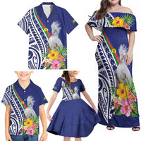 New Caledonia Kagu Bird Family Matching Off Shoulder Maxi Dress and Hawaiian Shirt Polynesian Tropical Flowers LT9 - Polynesian Pride