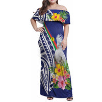 New Caledonia Kagu Bird Family Matching Off Shoulder Maxi Dress and Hawaiian Shirt Polynesian Tropical Flowers LT9 Mom's Dress Blue - Polynesian Pride