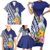 New Caledonia Kagu Bird Family Matching Short Sleeve Bodycon Dress and Hawaiian Shirt Polynesian Tropical Flowers LT9 - Polynesian Pride