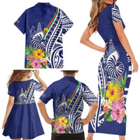 New Caledonia Kagu Bird Family Matching Short Sleeve Bodycon Dress and Hawaiian Shirt Polynesian Tropical Flowers LT9 - Polynesian Pride