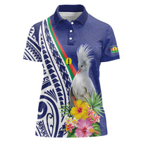 New Caledonia Kagu Bird Women Polo Shirt Polynesian Tropical Flowers LT9 Female Blue - Polynesian Pride